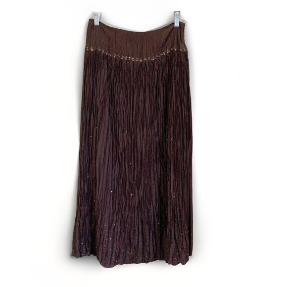 Talbots Women’s Crepe SILK Maxi Skirt 6 Brown Beaded Sequin Boho Glam Chic - Picture 3 of 12